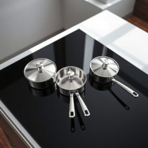 smooth base cookware — Overhead view of a black ceramic glass cooktop with three smooth-based pots and pans sitting flush on the surface.