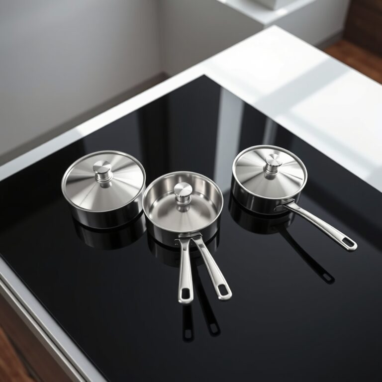 smooth base cookware — Overhead view of a black ceramic glass cooktop with three smooth-based pots and pans sitting flush on the surface.