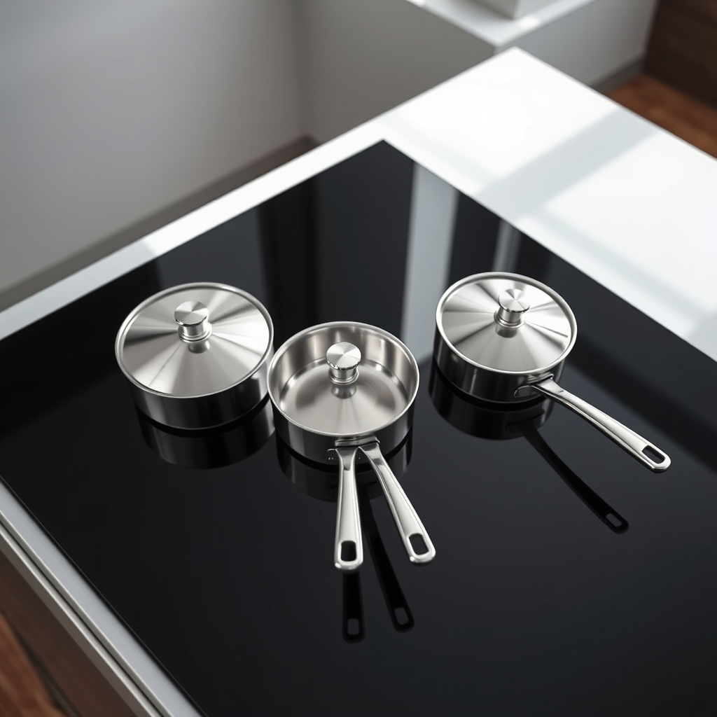 smooth base cookware — Overhead view of a black ceramic glass cooktop with three smooth-based pots and pans sitting flush on the surface.