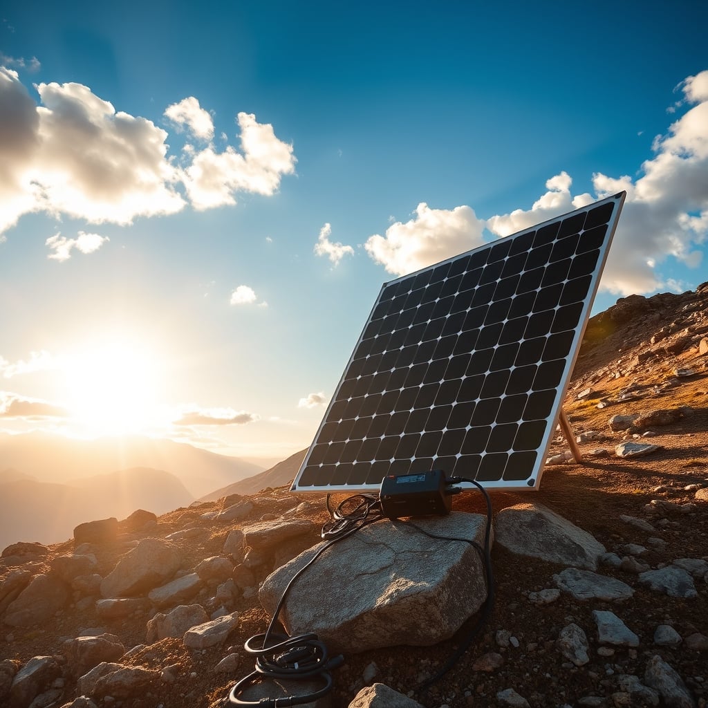 solar panel efficiency comparison — Foldable solar panel angled toward bright sky on a rocky alpine campsite with a power station connected nearby.