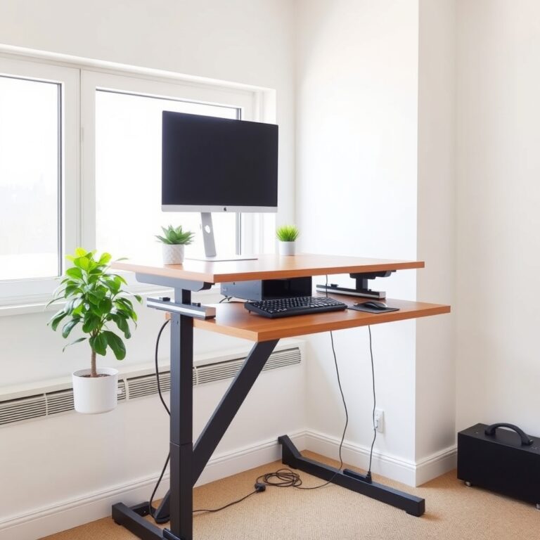 standing desk for home office — A modern home office standing desk raised to standing height with dual monitors, keyboard, and natural light