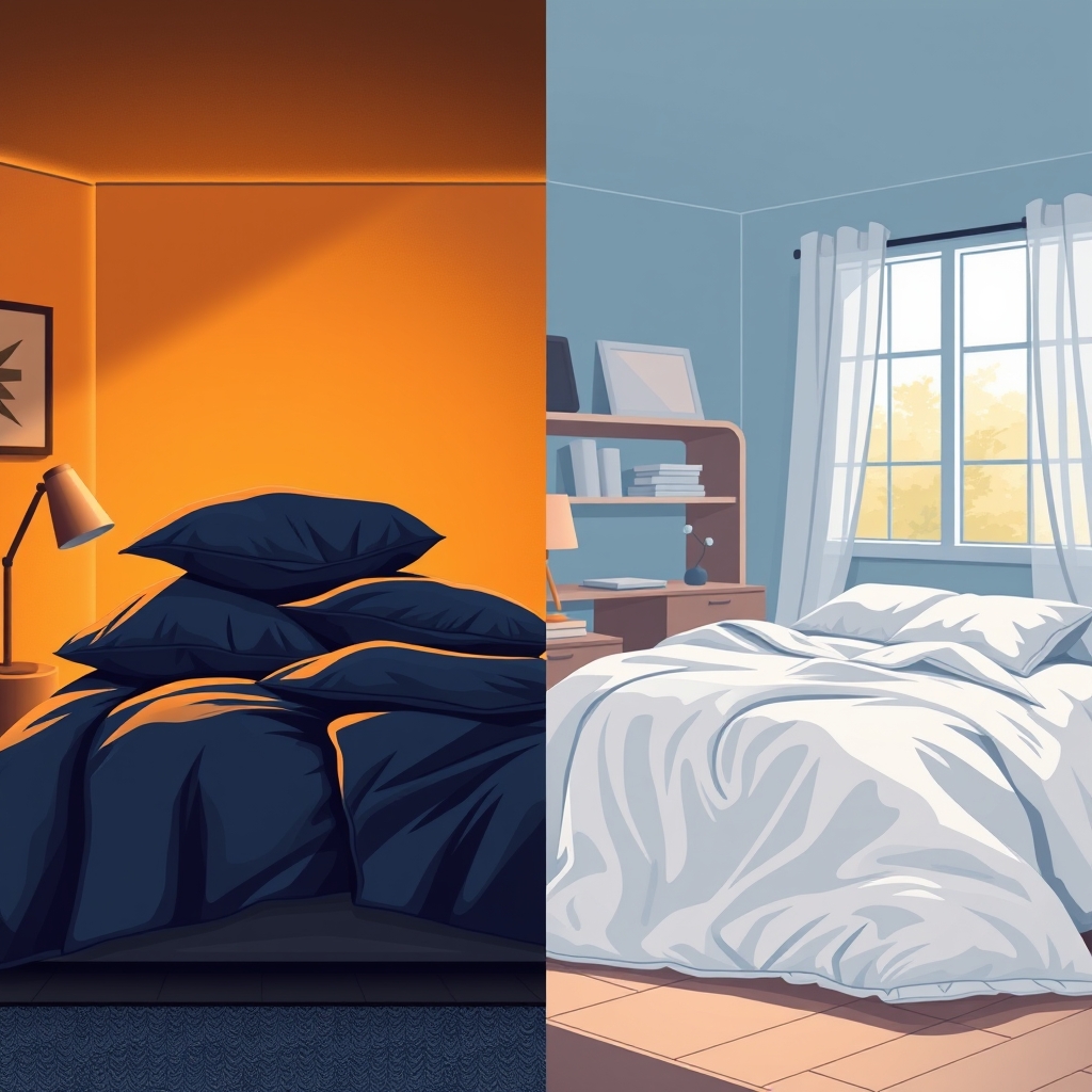 summer comforter — Split illustration contrasting a thick winter comforter in a cozy dim bedroom against a thin summer comforter in a bright airy room