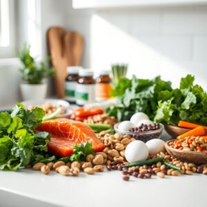 supplement effectiveness — Colorful whole foods including greens, salmon, nuts, and eggs on a kitchen counter with supplement bottles blurred in the background.