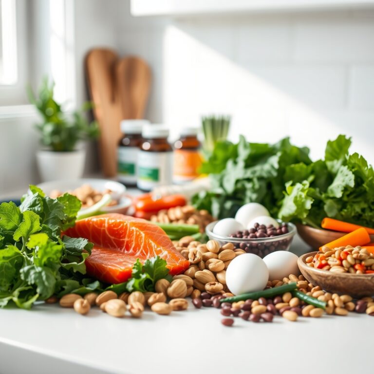 supplement effectiveness — Colorful whole foods including greens, salmon, nuts, and eggs on a kitchen counter with supplement bottles blurred in the background.