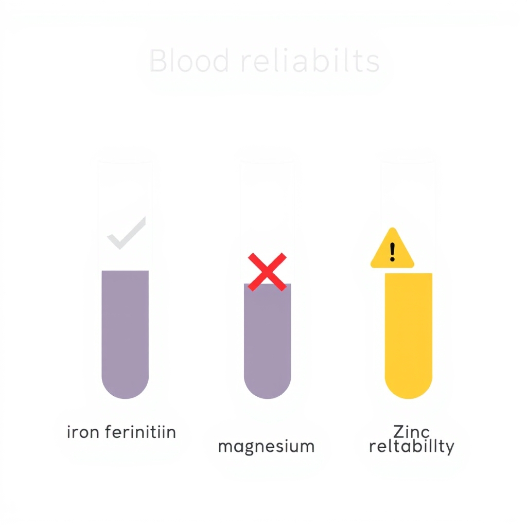 supplement recommendations — Three micronutrient test markers compared by reliability: ferritin high, magnesium low, zinc moderate, shown as bar strengths with visual indicators.
