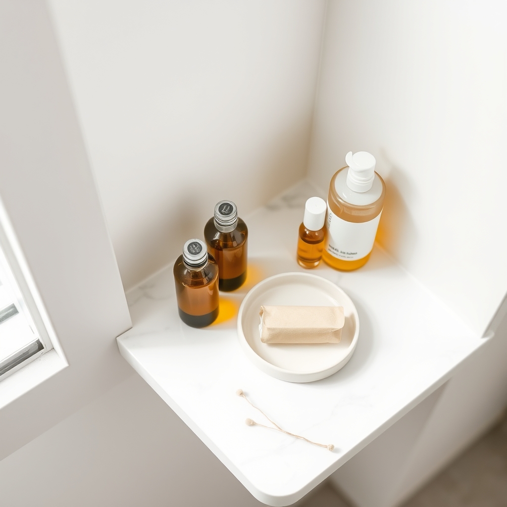sustainable beauty trends 2026 — Minimalist bathroom shelf with refillable glass bottles, a solid cleansing bar, and paper-wrapped sustainable beauty products on marble