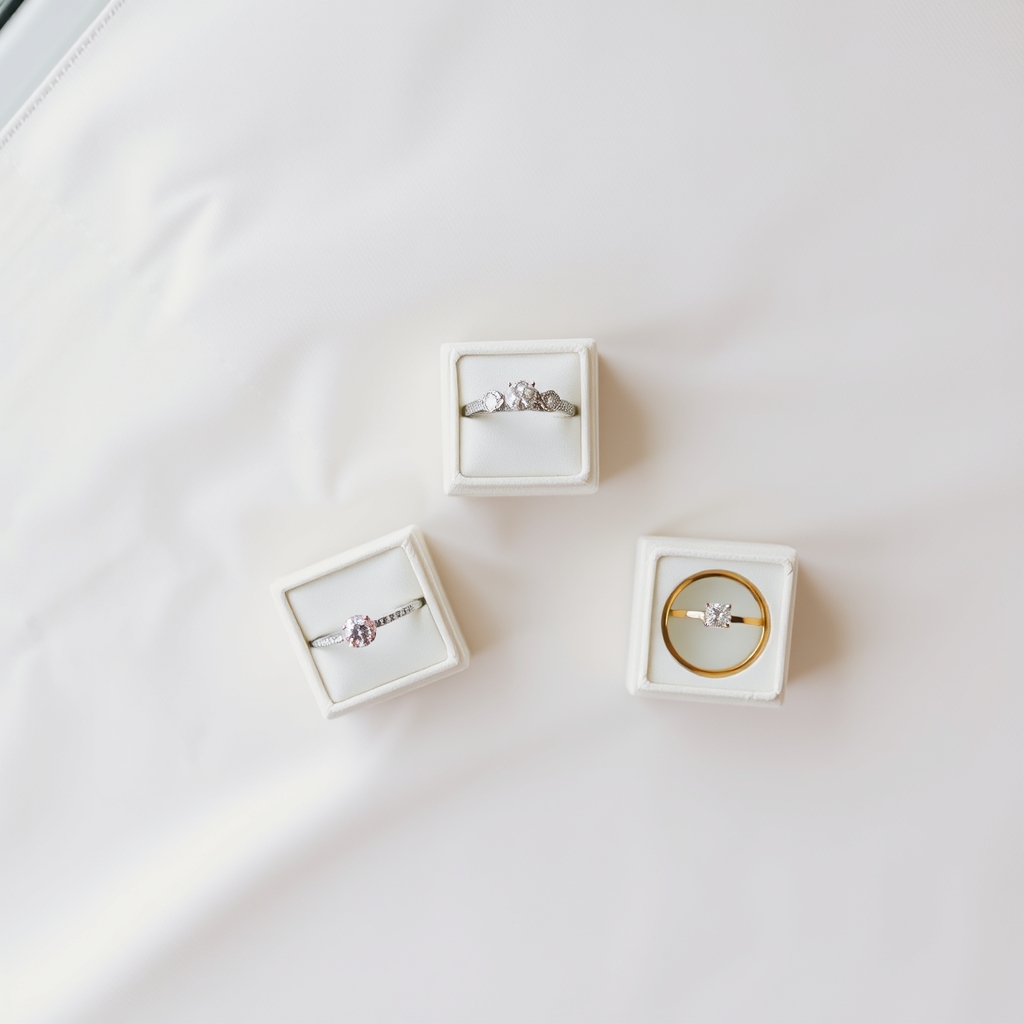 sustainable engagement rings — Overhead flat-lay of three open jewelry boxes each containing a different solitaire engagement ring style on a linen surface