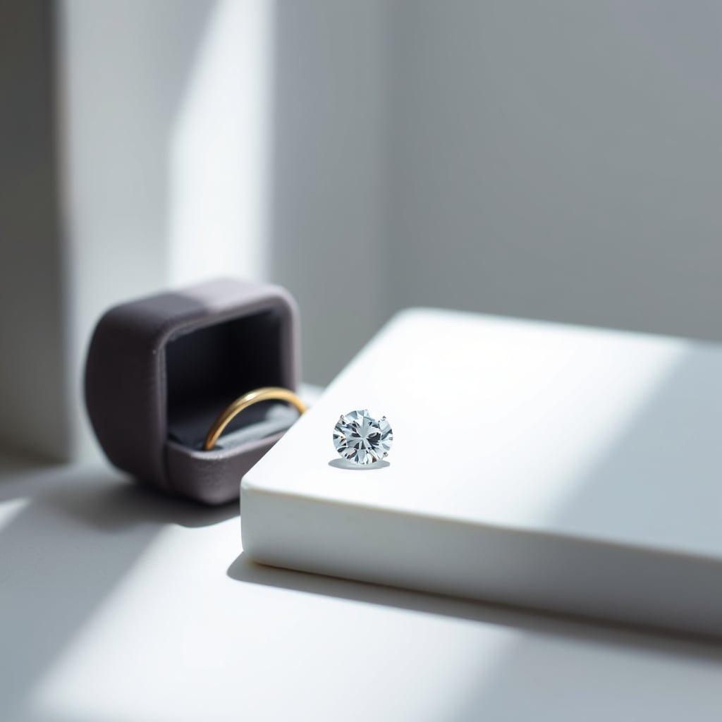 sustainable engagement rings — A brilliant-cut lab-grown diamond in an open velvet ring box on a white stone surface with prismatic light reflections