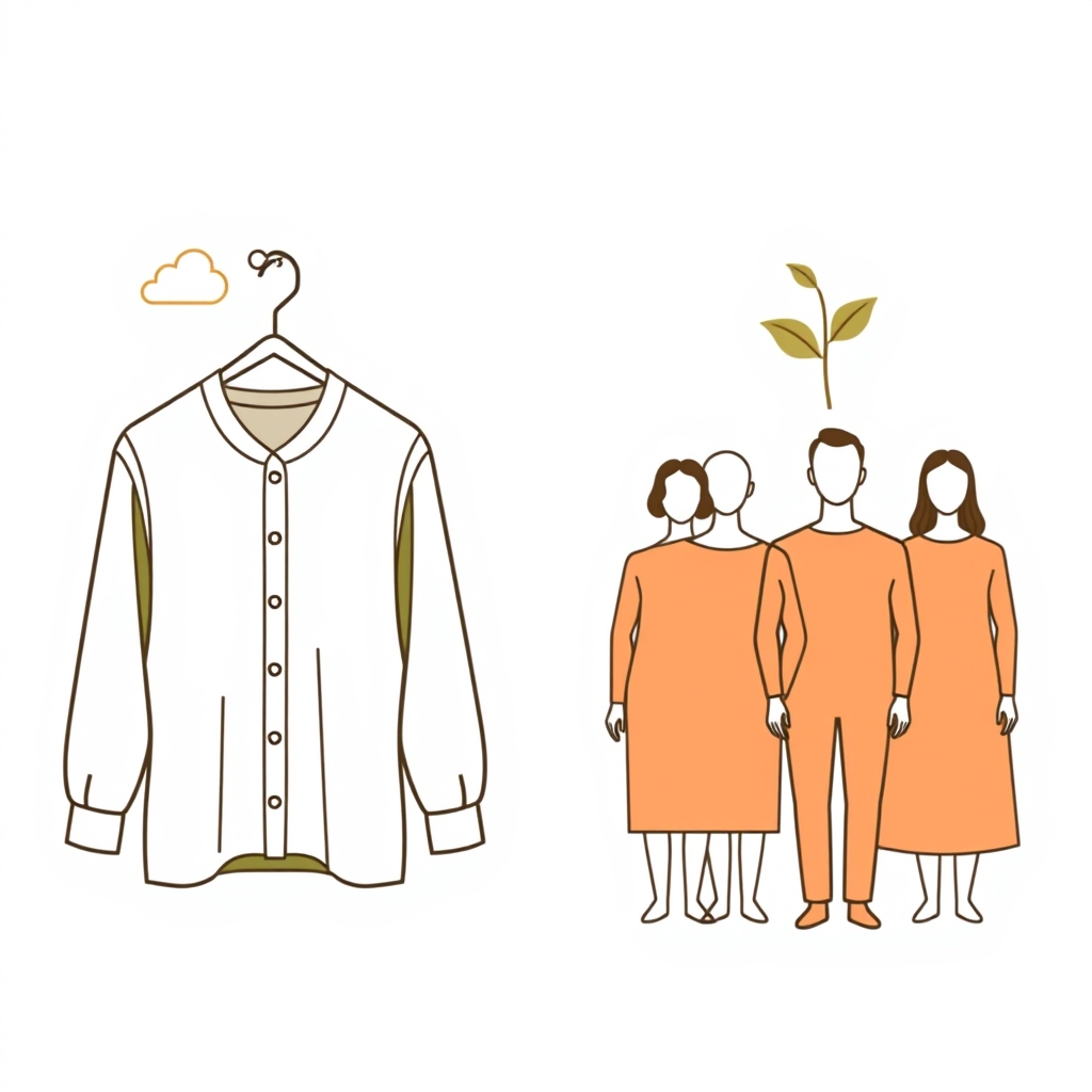 sustainable fashion rental — Flat vector illustration contrasting a single-use garment's carbon footprint with a shared rental garment benefiting three people.