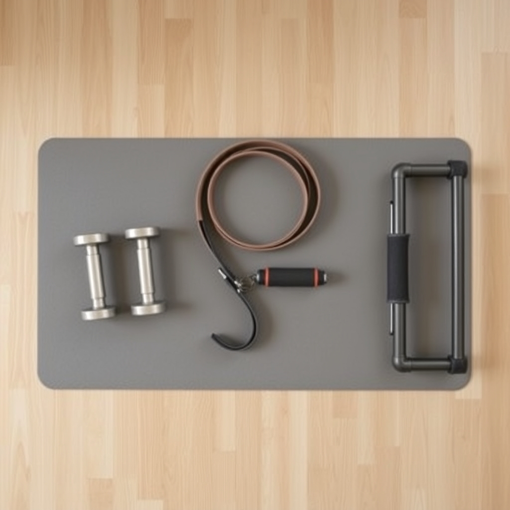 sustainable fitness routine — Overhead flat-lay of adjustable dumbbells, resistance bands, and a pull-up bar on a wooden floor