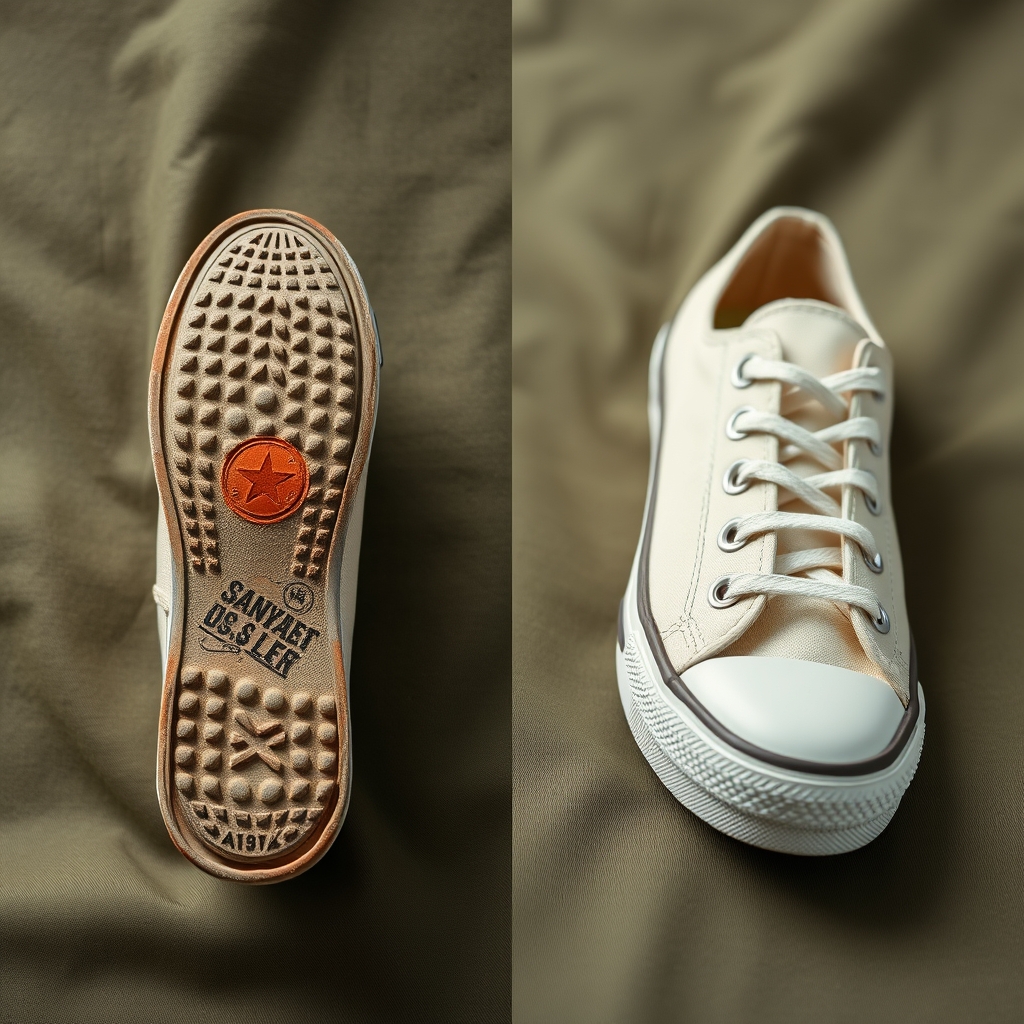 sustainable sneakers — Side-by-side comparison of a well-worn sustainable canvas sneaker sole and a new pair of the same model on olive fabric