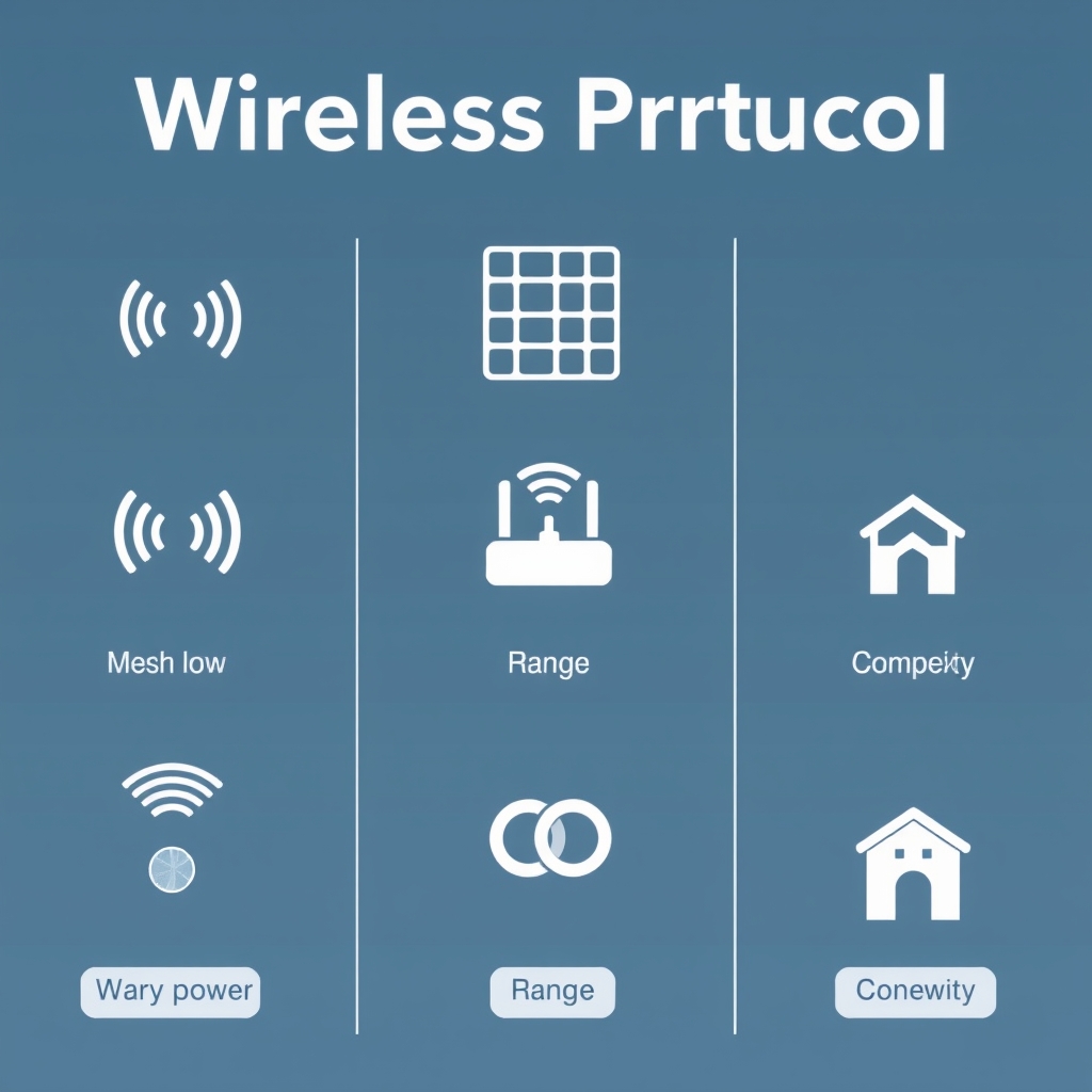 thread protocol smart home — Five wireless protocol icons with varying visual sizes and opacity showing relative power consumption and complexity.