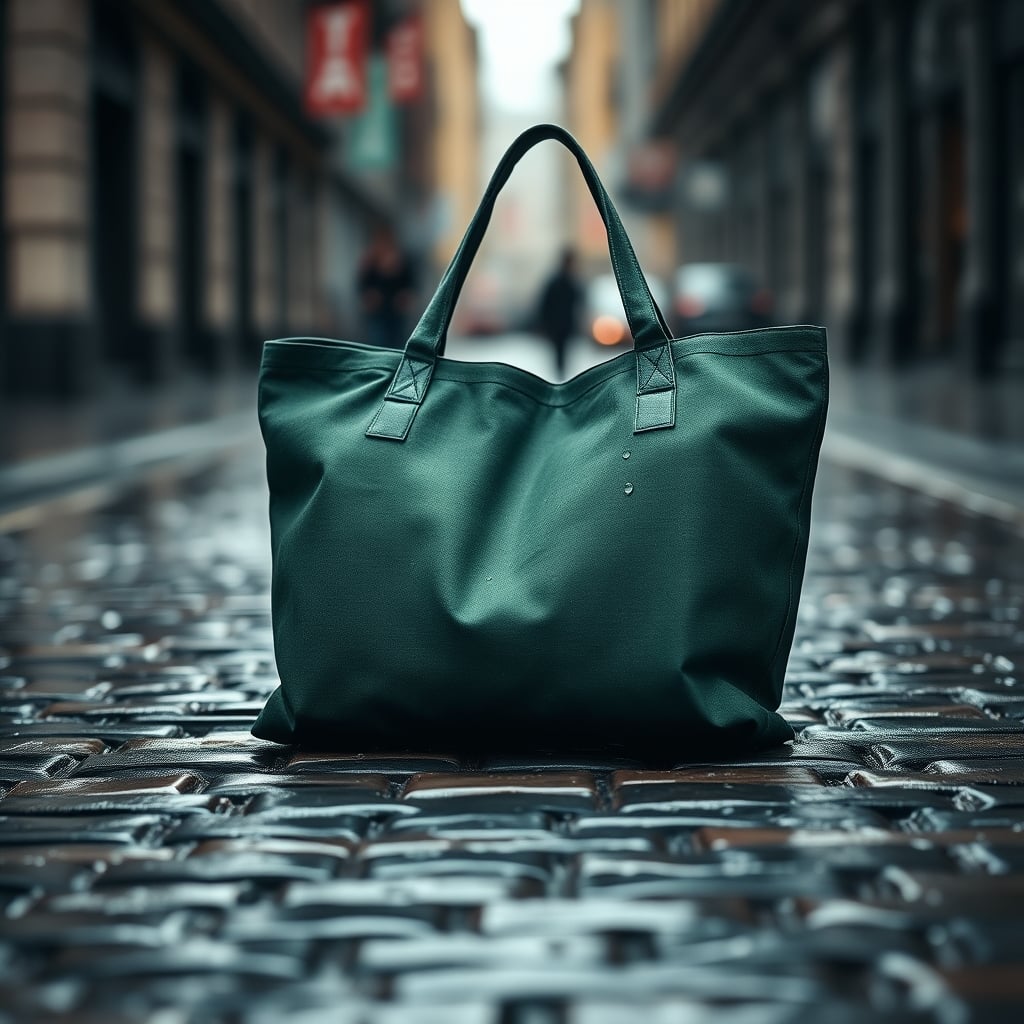 tote bag for women — A dark green waxed canvas tote bag standing on wet cobblestones in light rain with water beading clearly on the fabric surface.