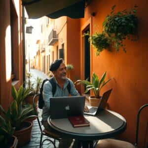travel blogger advice — Solo traveler with laptop and passport at a sunny cobblestone café terrace, warm golden light, terracotta walls
