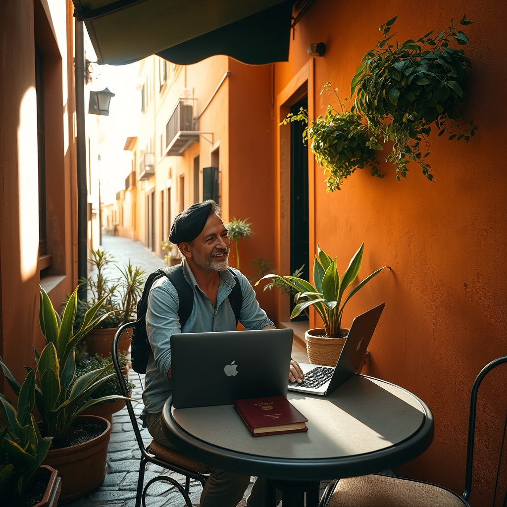 travel blogger advice — Solo traveler with laptop and passport at a sunny cobblestone café terrace, warm golden light, terracotta walls