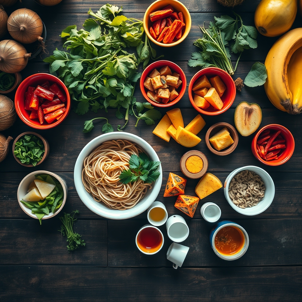 travel booking hacks — Overhead view of a Southeast Asian street-food stall with colorful noodle bowls, fresh herbs, and tropical fruit in warm light
