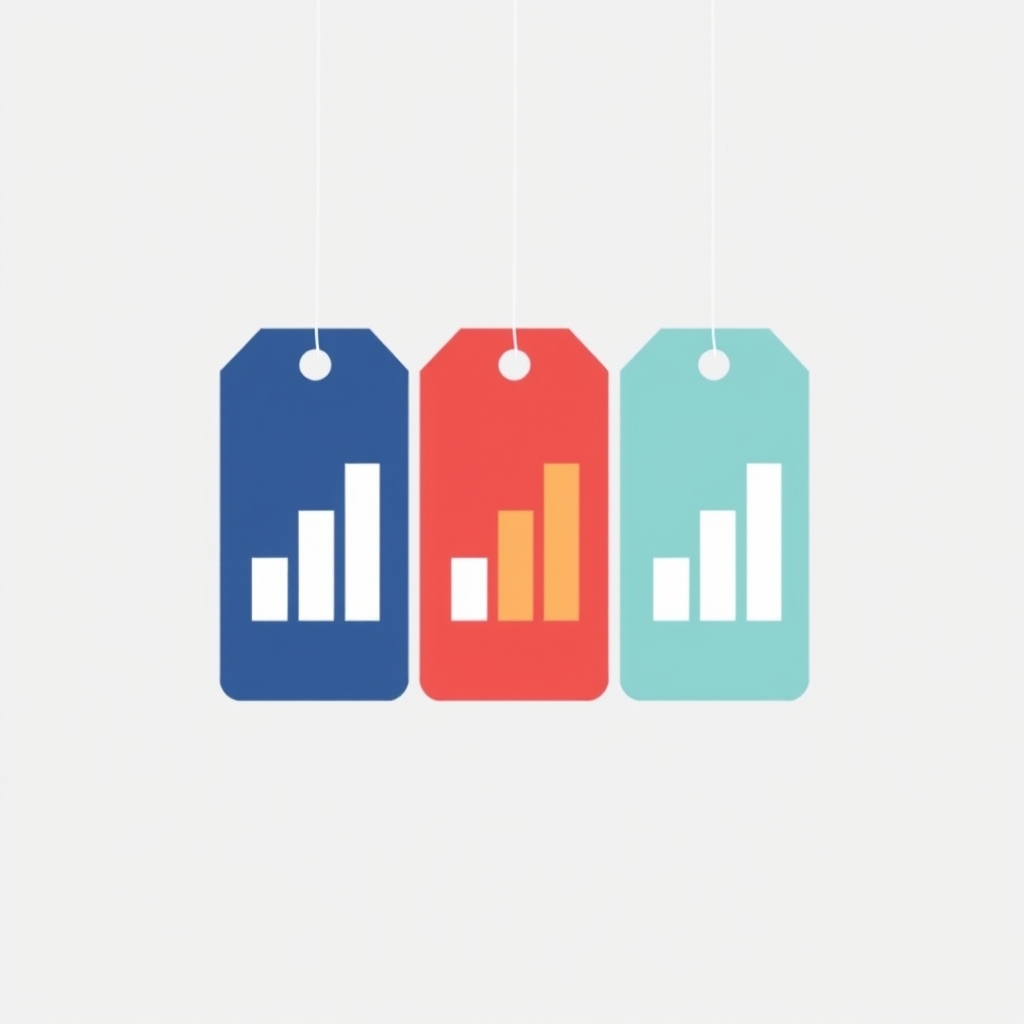 trivago vs booking.com — Three color-coded price tags hanging side by side, representing hotel pricing comparison across three booking platforms.