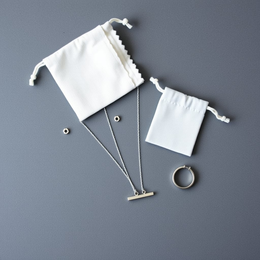 understated jewelry brands — Sterling silver minimalist jewelry with a polishing cloth and storage pouch on a gray surface, illustrating jewelry care.