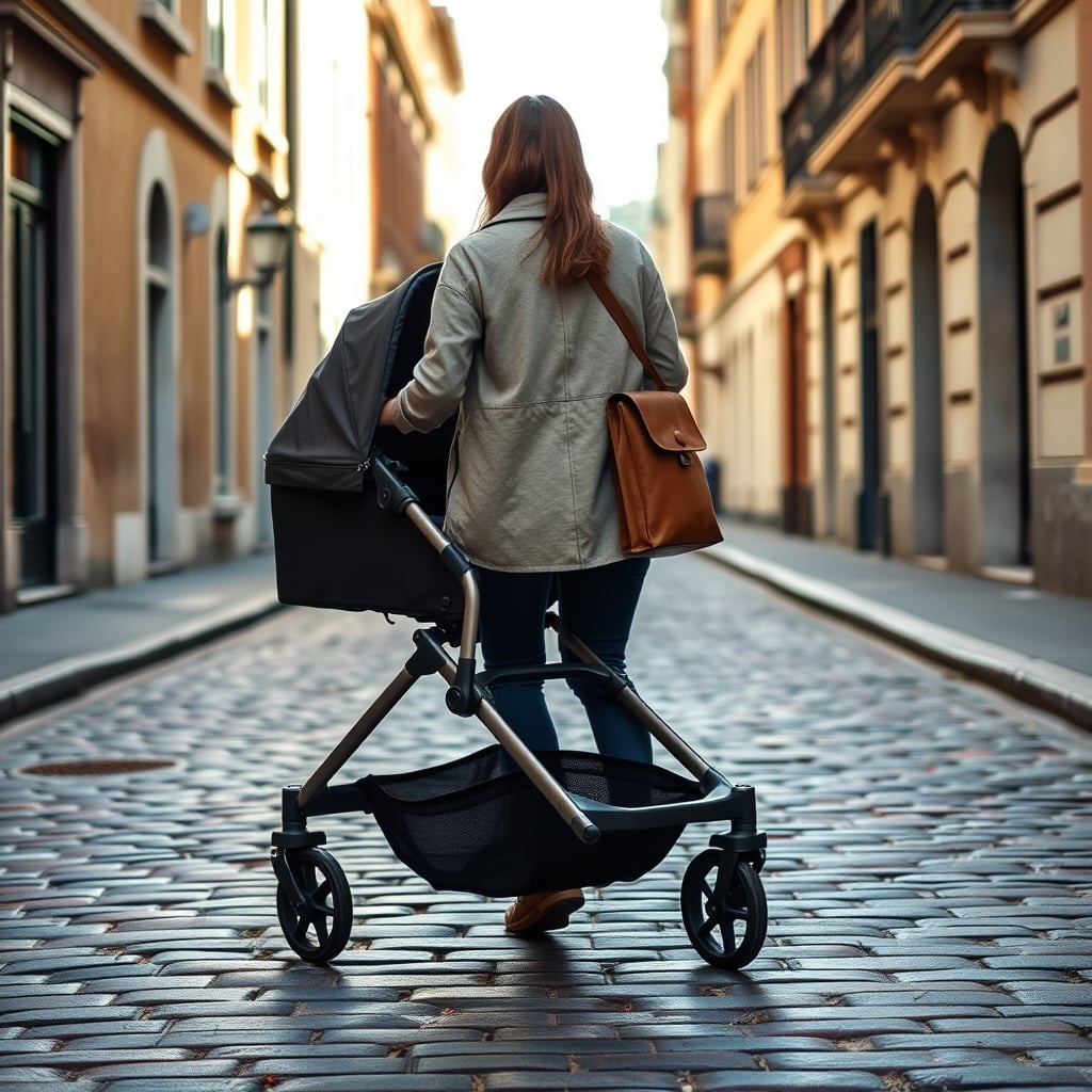 uppababy vista review — Premium stroller on brick European street with historic architecture