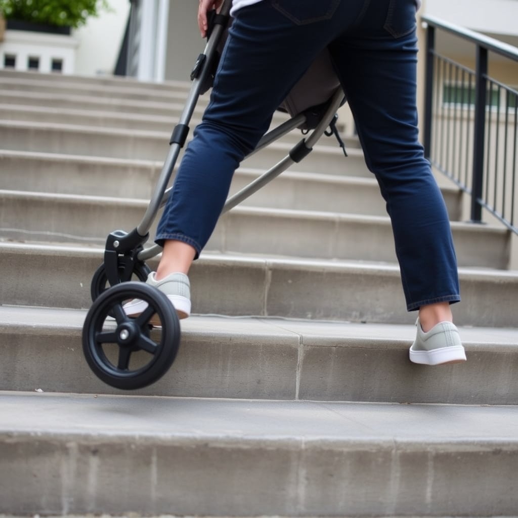uppababy vista worth it — Stroller being tilted up exterior stairs demonstrating frame stability