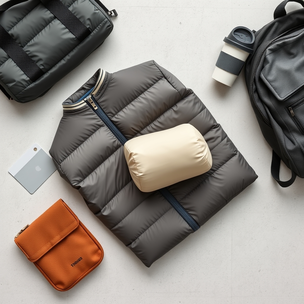 urban winter coat — A puffer jacket compressed into a small stuff sack laid flat next to a transit card, coffee cup, and compact backpack.