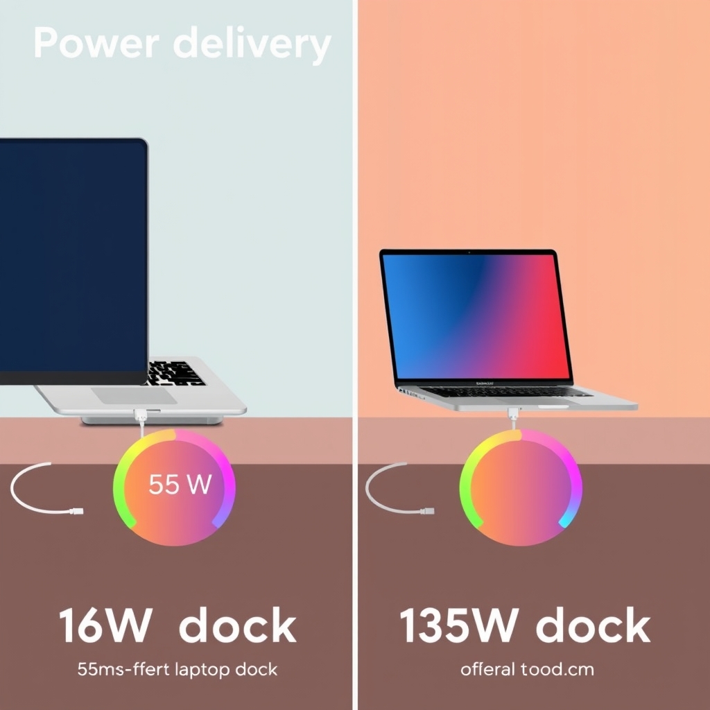 USB-C docking station — Power delivery comparison showing slower charging at 65W versus full-speed charging at 135W on a large laptop.