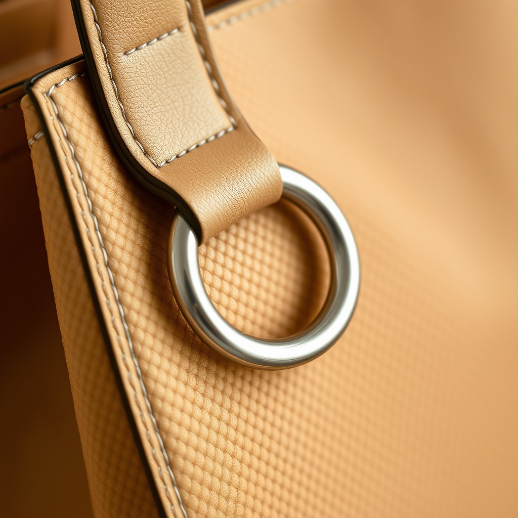 vegan designer bags — Macro close-up of stainless steel D-ring hardware and reinforced stitching on a tan pineapple leaf fiber handbag.