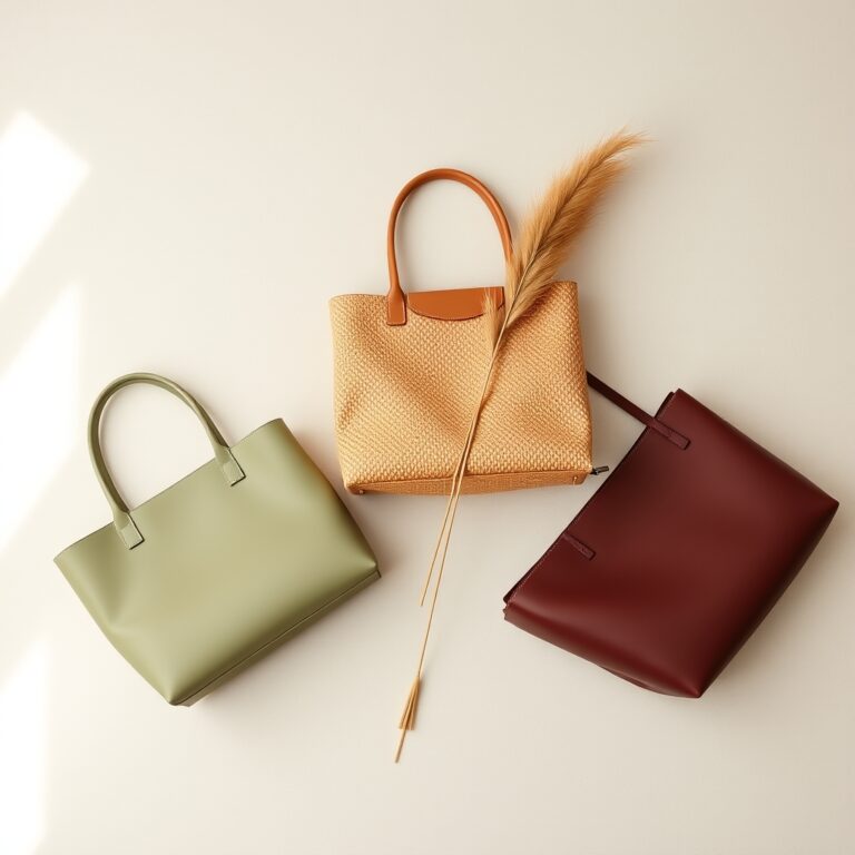 vegan leather handbags — Three structured vegan leather handbags in earthy tones arranged on a cream linen surface in soft natural light.