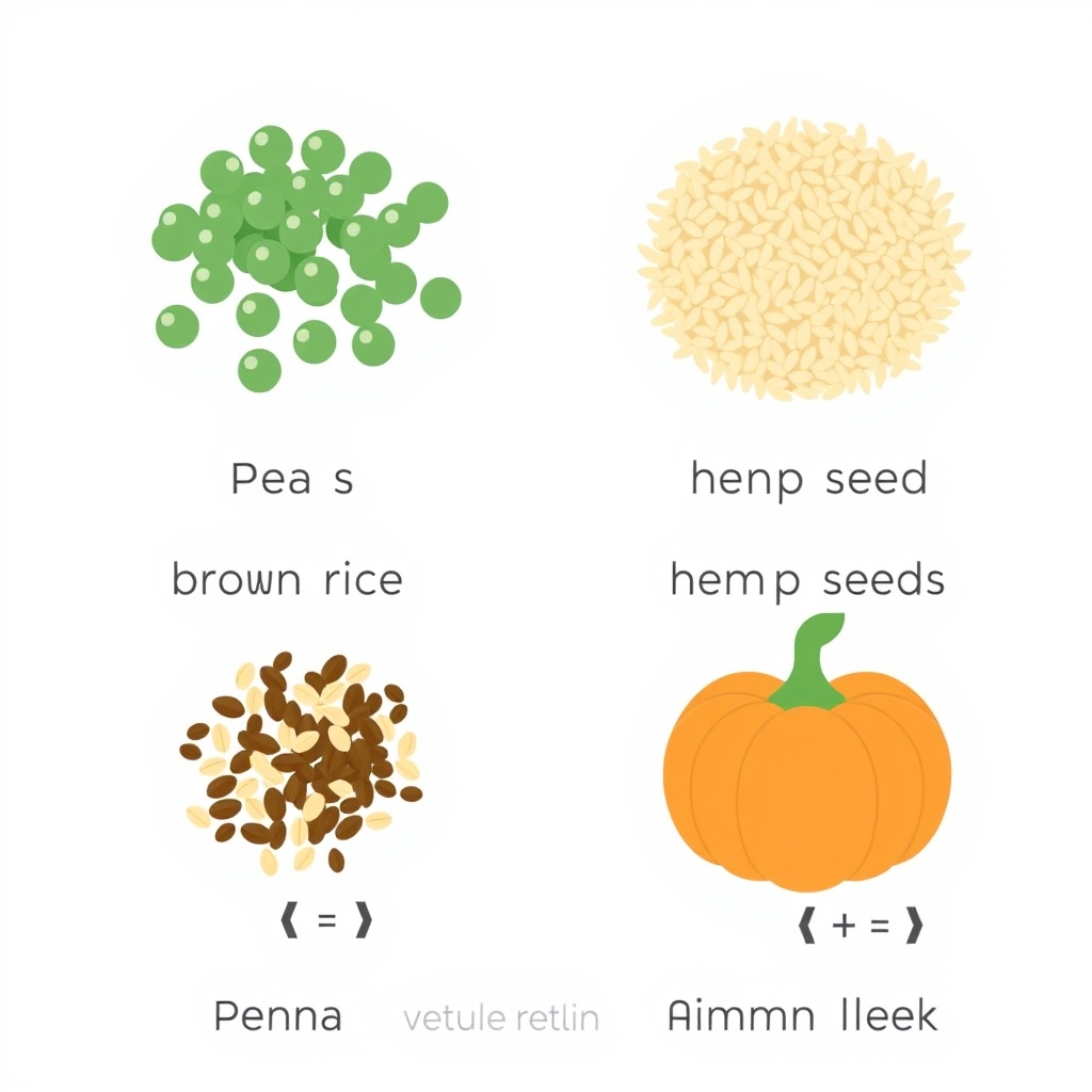 vegan protein powder brands — Flat vector grid showing four plant protein sources — peas, rice, hemp, pumpkin seeds — and their essential amino acid contributions.