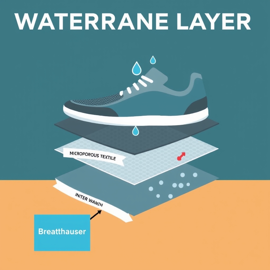 water repellent shoes — Cross-section illustration showing three layers of a waterproof sneaker membrane blocking water droplets while allowing vapor to escape