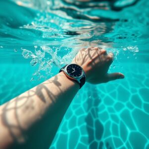 water resistant smartwatch ratings — Close-up of a rugged smartwatch on a swimmer's wrist slicing through clear turquoise pool water mid-stroke.