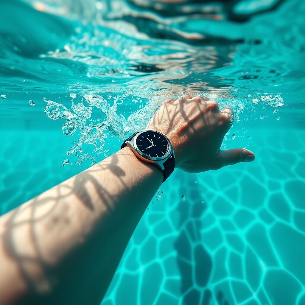 water resistant smartwatch ratings — Close-up of a rugged smartwatch on a swimmer's wrist slicing through clear turquoise pool water mid-stroke.