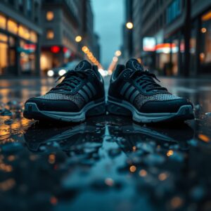 water resistant sneakers — Water beading on the surface of modern sneakers resting on wet city pavement after rain, puddles reflecting streetlights