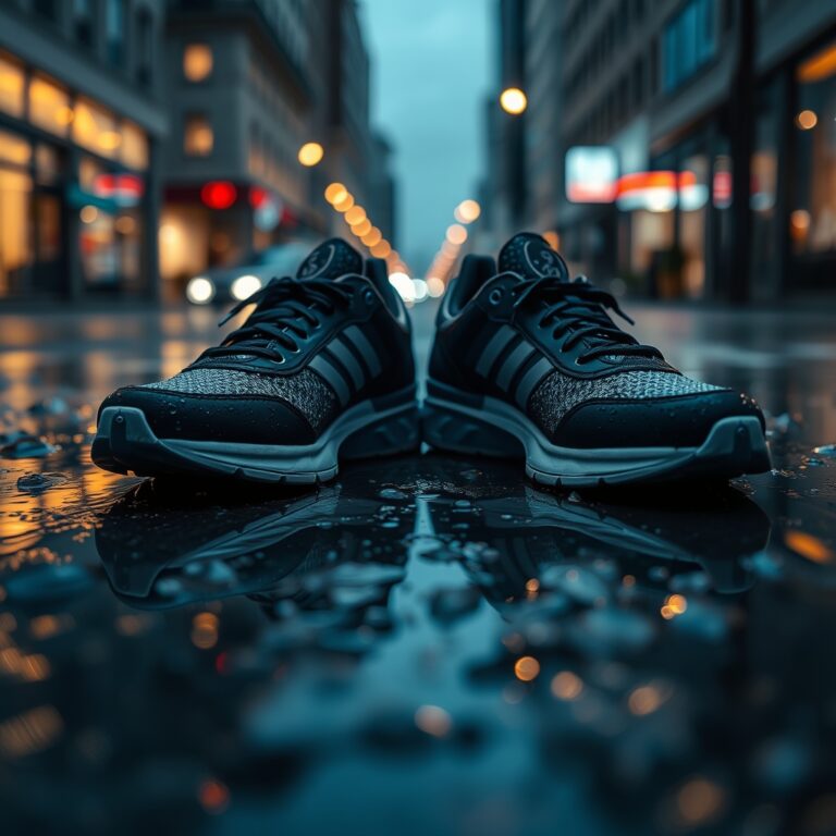 water resistant sneakers — Water beading on the surface of modern sneakers resting on wet city pavement after rain, puddles reflecting streetlights