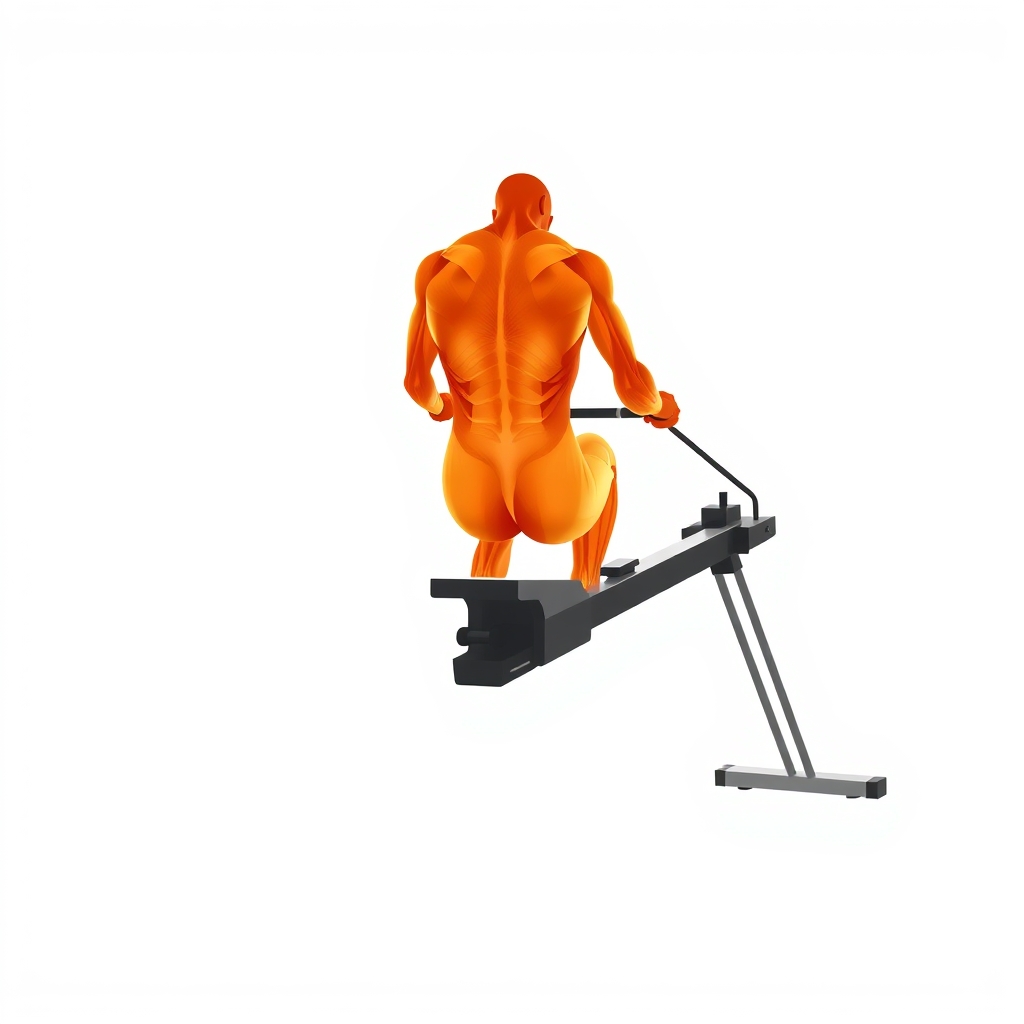 water rower vs air rower — Silhouette of a rower mid-stroke with muscle groups highlighted showing legs, core, back, and arms engaged.