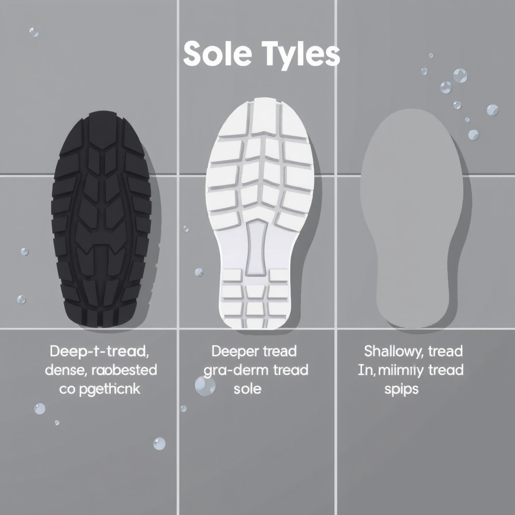 waterproof rain boots children — Diagram comparing rain boot sole tread depth and grip performance on wet surfaces.