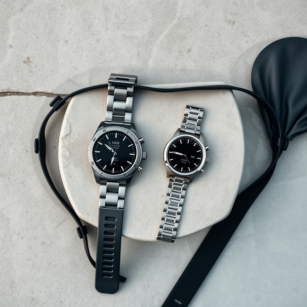 waterproof smartwatch under $300 — Two smartwatches — one rugged titanium and one slim lightweight — laid flat on a wet poolside surface beside swim goggles and a cap.