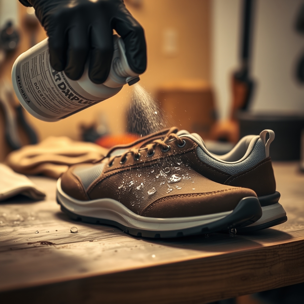 waterproof sneakers — A hand spraying DWR waterproofing treatment onto a sneaker, water beading visibly on the freshly treated upper surface