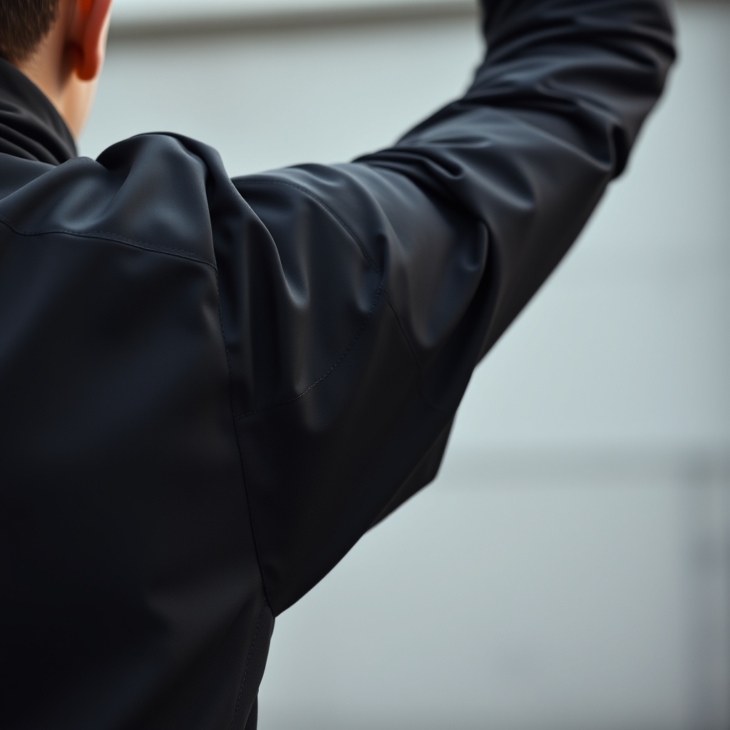 weather resistant winter jacket — Close-up of a technical jacket's shoulder and underarm with arms raised overhead, showing unrestricted fabric movement at the seam.