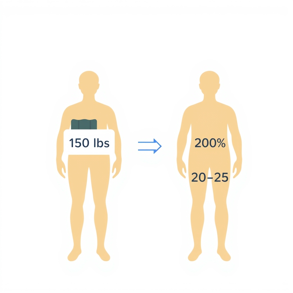 weighted blanket for anxiety — Diagram illustrating the 10 percent body weight rule for choosing a weighted blanket, showing example weights for 150-pound and 200-pound users.