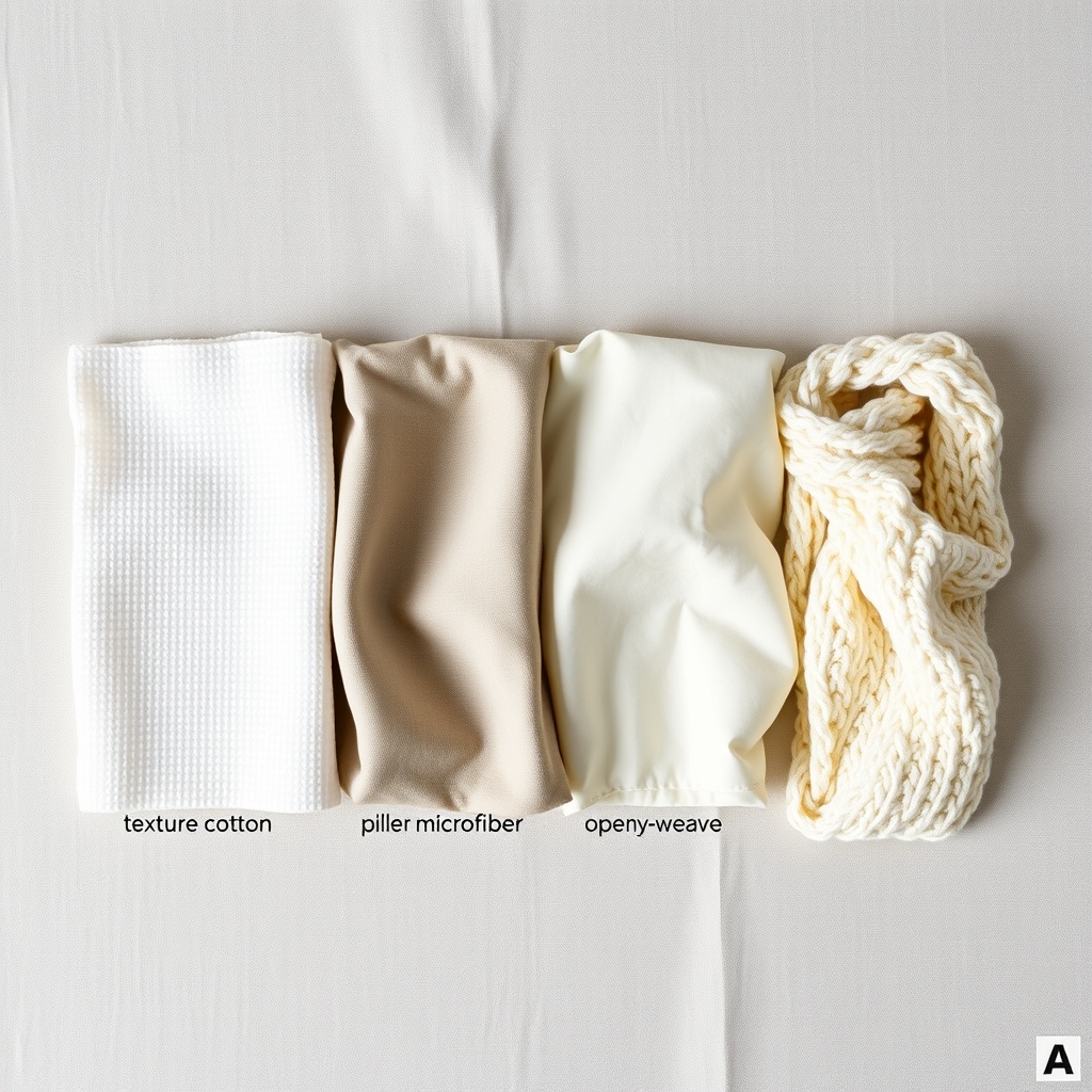 weighted blanket for sleep — Four fabric swatches arranged side by side showing the texture differences between cotton, bamboo viscose, microfiber, and chunky knit blanket materials.