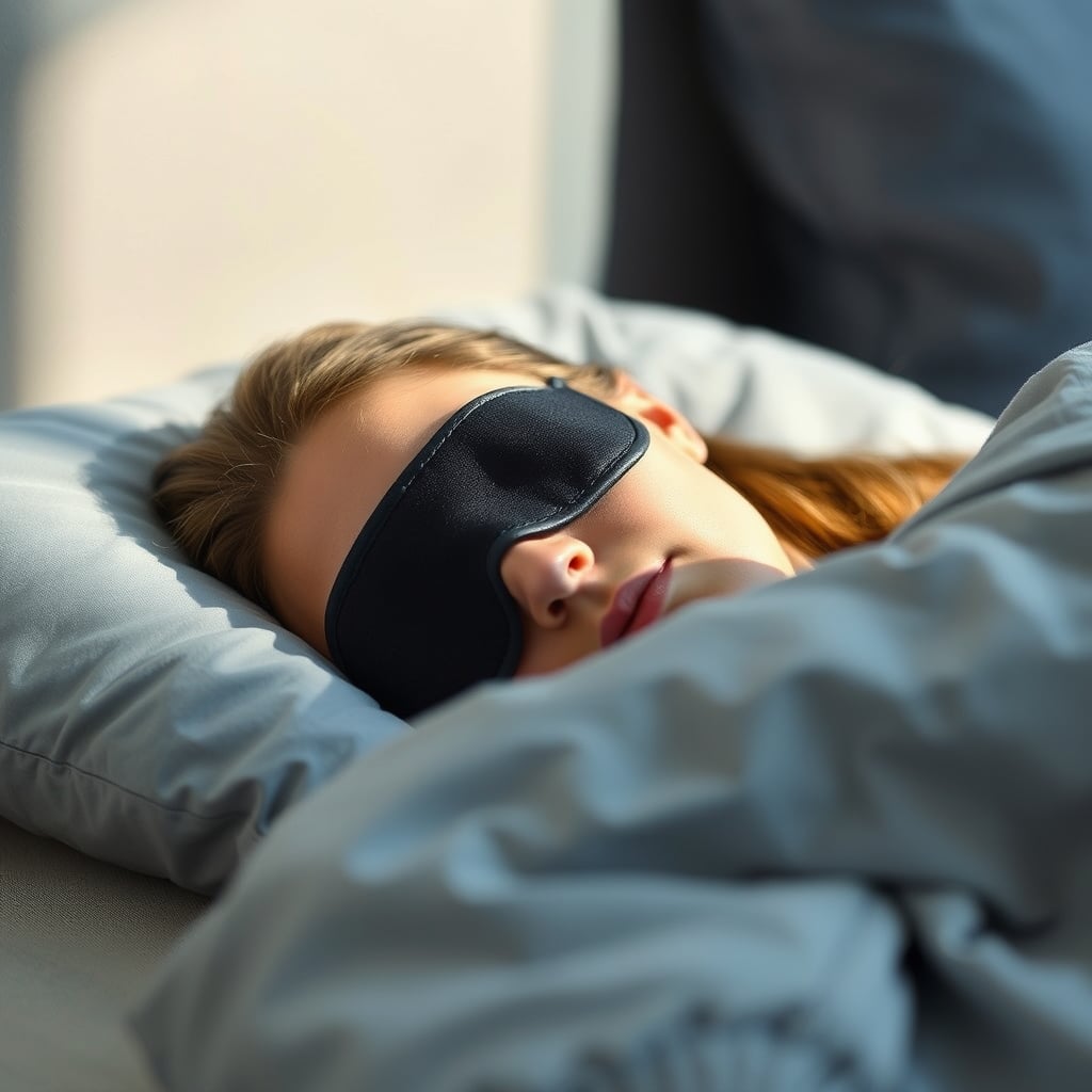 weighted eye mask comparison 2026 — Person wearing a weighted eye mask while sleeping peacefully in a softly lit bedroom.