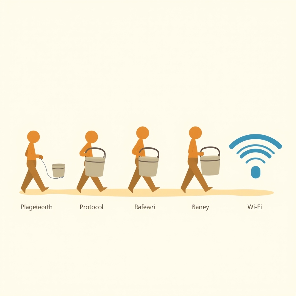 what is a smart home hub — Five figures in a bucket brigade relay, bucket sizes increasing to show protocol range differences.