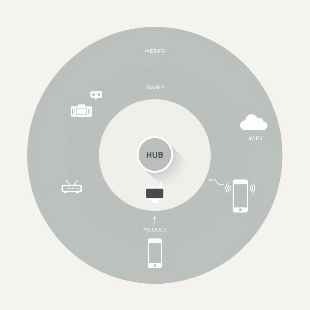 wifi smart home devices — Three concentric circles showing smart home zones: local mesh, router coverage, and cloud connectivity.