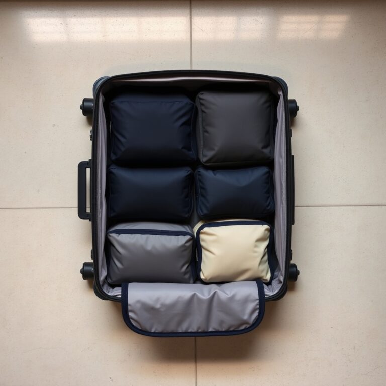 Wondr products quality — Open carry-on suitcase neatly packed with charcoal and navy compression packing cubes arranged in a grid on a light floor.