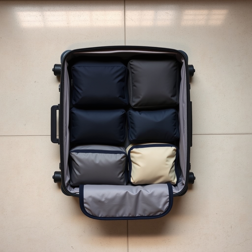 Wondr products quality — Open carry-on suitcase neatly packed with charcoal and navy compression packing cubes arranged in a grid on a light floor.