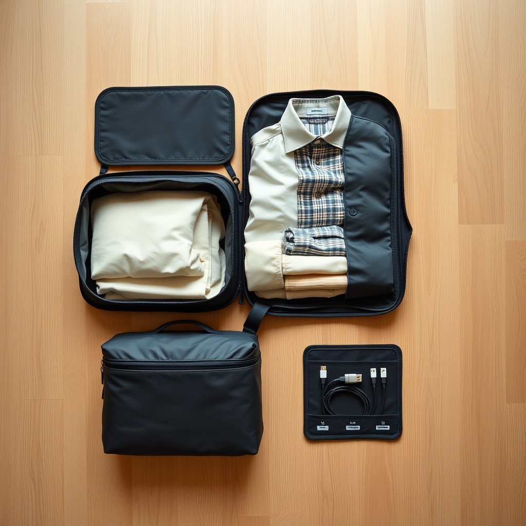 Wondr travel accessories review — Overhead flat lay of three modular travel organizer pieces—flat pouch, vertical divider, and cable pocket—arranged open on a light wood surface.
