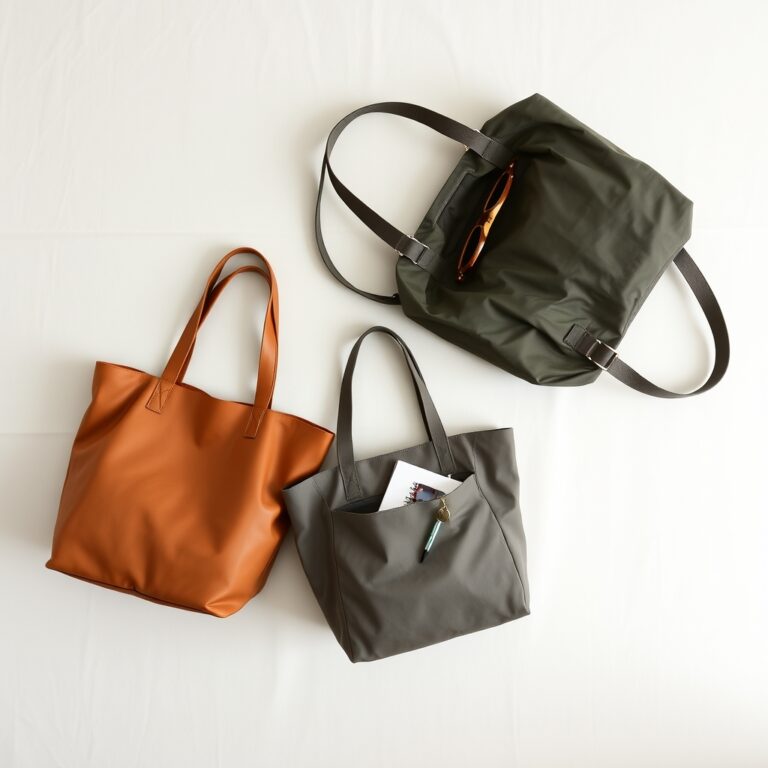 work tote bag — Overhead flat-lay of three tote bags in leather, canvas, and nylon on a linen surface with everyday carry items inside.