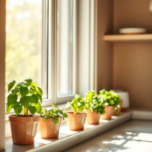 year round herb growing — Potted herbs basil mint and parsley growing on a bright sunny kitchen windowsill with natural light