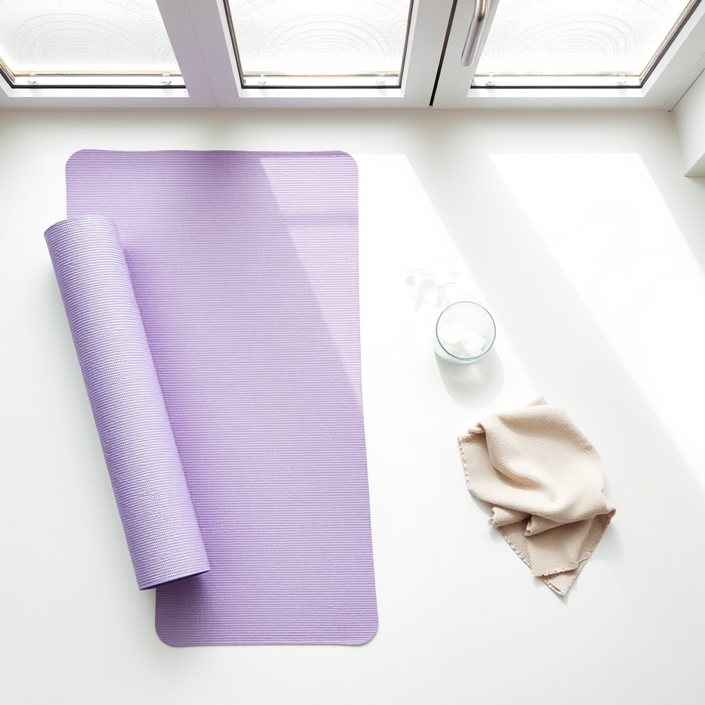 yoga mat cleaning methods — Top-down flat lay of a purple yoga mat with a spray bottle, vinegar bowl, and microfiber cloth on a white floor.